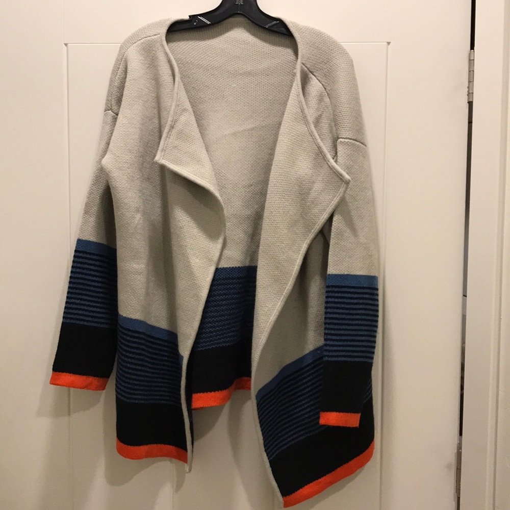 Blue, gray, and orange sweater cardigan
